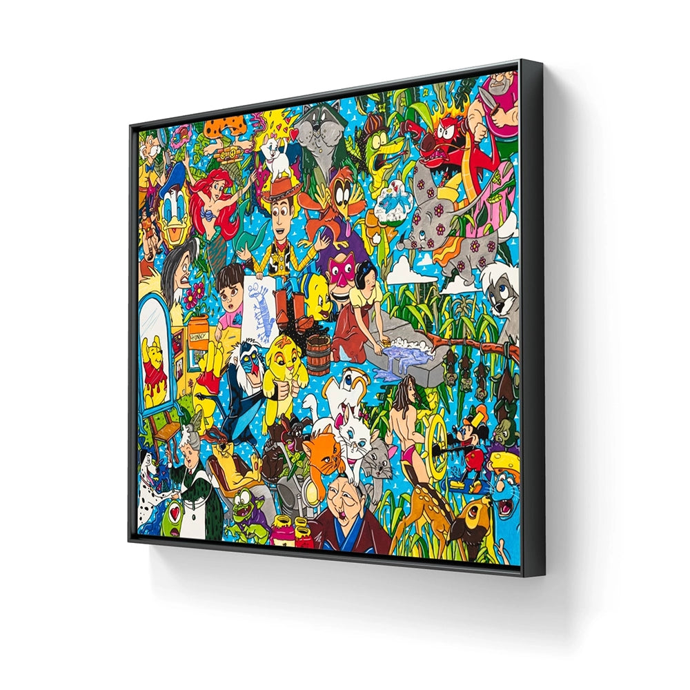 Andys Leker på lerret leveres ferdig innrammet med sort sveveramme.