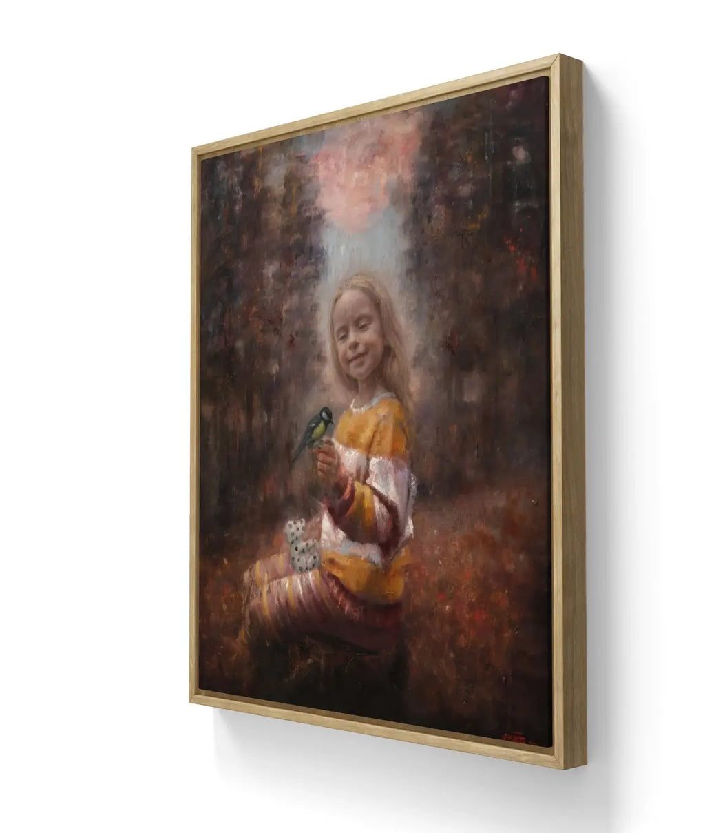 Kunsttrykket "Åpenbaringen" kommer på lerret, denne leveres med ramme. 