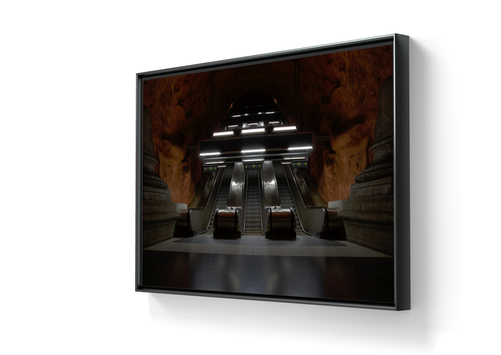 Fine art fotokunsttrykket "Ascension"  leveres ferdig innrammet med sort, tynn, aluminiumsramme.