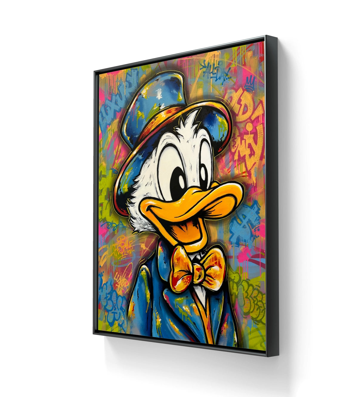 Kunstverket "Cash flow" leveres ferdig innrammet med en sort ramme. 