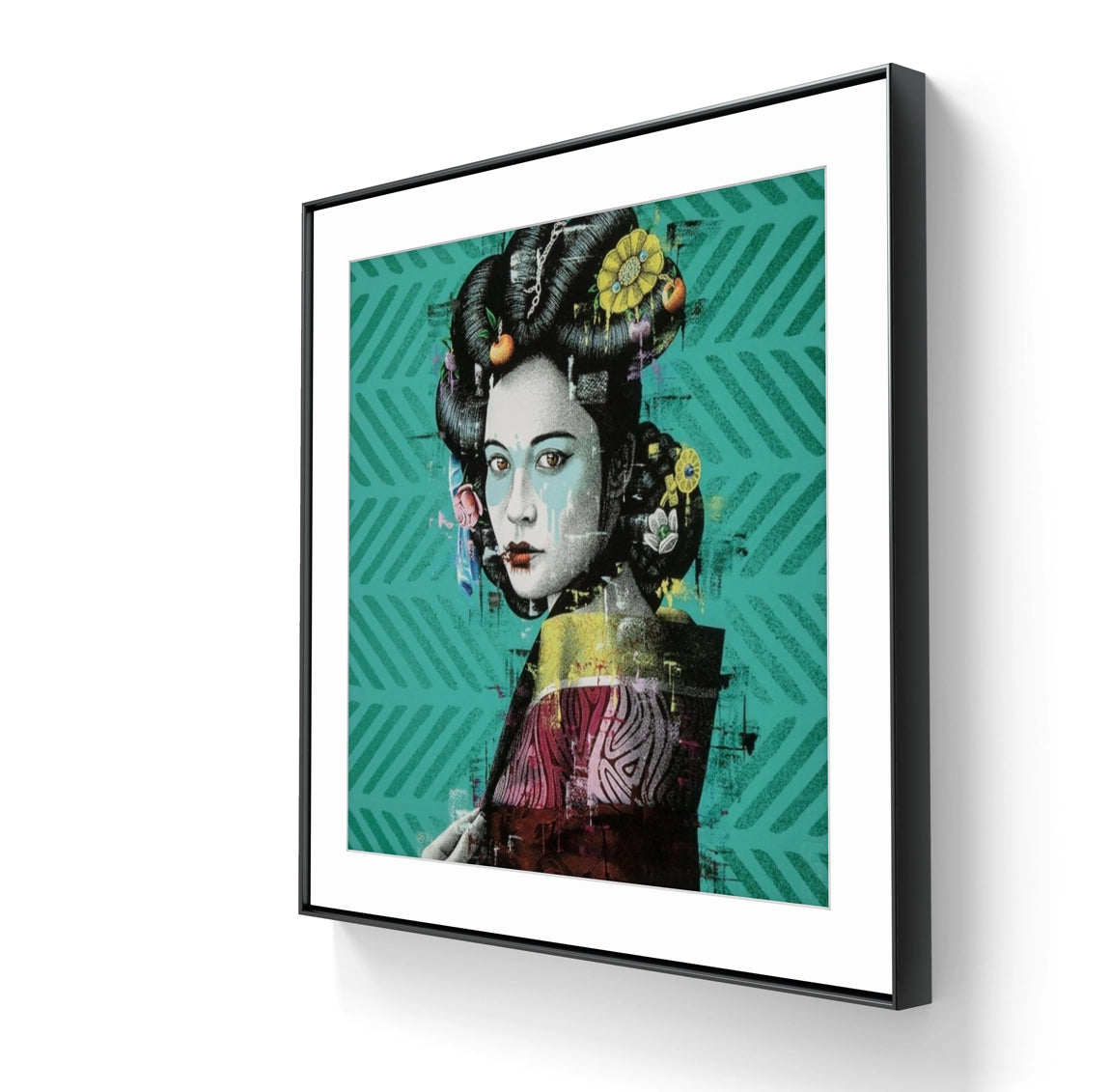 Trykket "Changseig" av samtidskunstneren Findac. 
Rammet inn med en sort ramme, hvit passepartout og kunstglass.