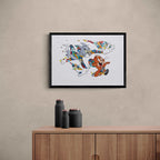 Her er kunstverket Chasing x doodle hengt opp i stua