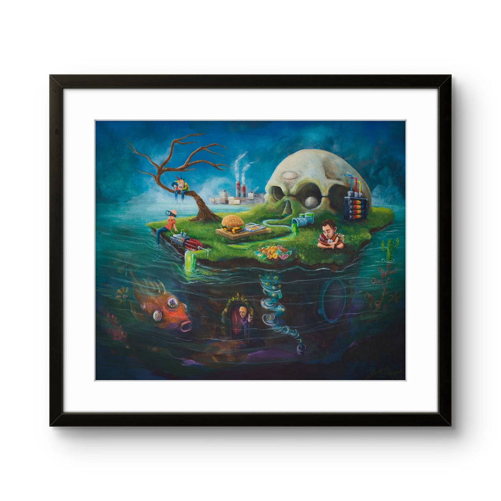 Fine art giclée trykket "Consumption Island" av den norske kunstneren Erik Bergan, signert og nummerert i et begrenset opplag.
