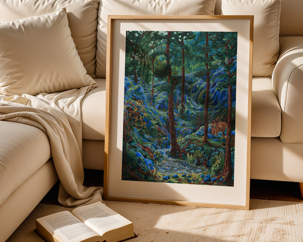 Kunsttrykket "Dammen" av den norske kunstneren Sebastian Slotte. Her med en ramme av eik. 