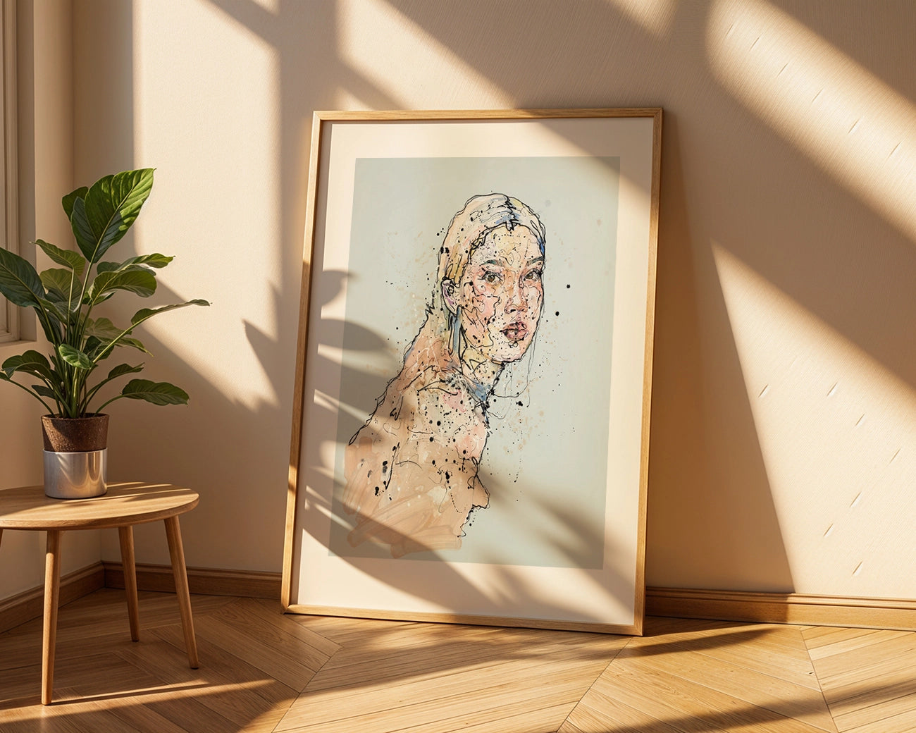 Kunsttrykket "Decision" her innrammet med en ramme av eik. 