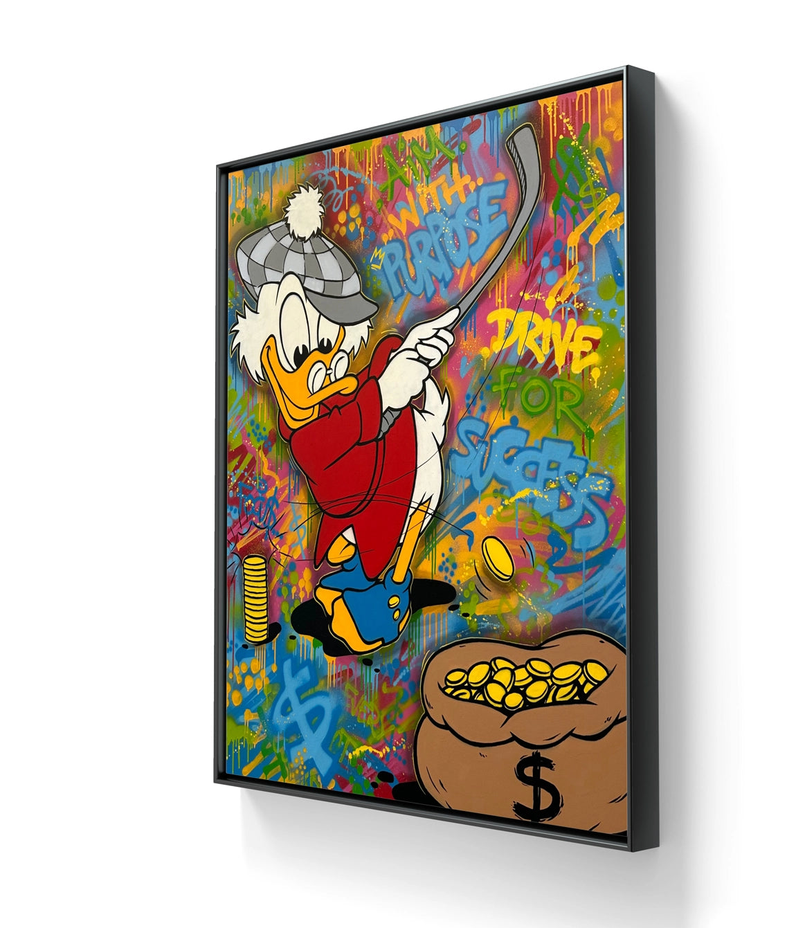 Kunstverket "Hole in one" leveres med en sort sveveramme.