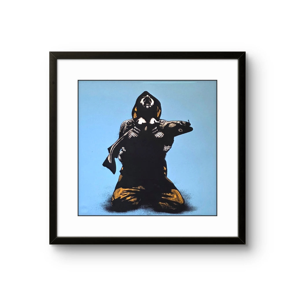 Kunsttrykket "In cod we trust", blå versjon, av gatekunstneren Pøbel