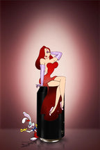 Kunstverket "Jessica Rabbit" leveres ferdig innrammet med en sort ramme i aluminium.