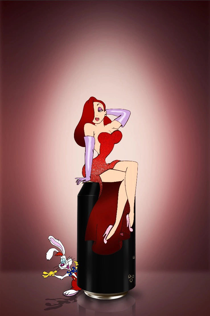 Kunstverket "Jessica Rabbit" leveres ferdig innrammet med en sort ramme i aluminium.