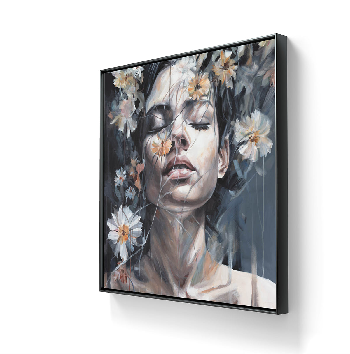 Maleriet "Just bee" leveres med en sort ramme.