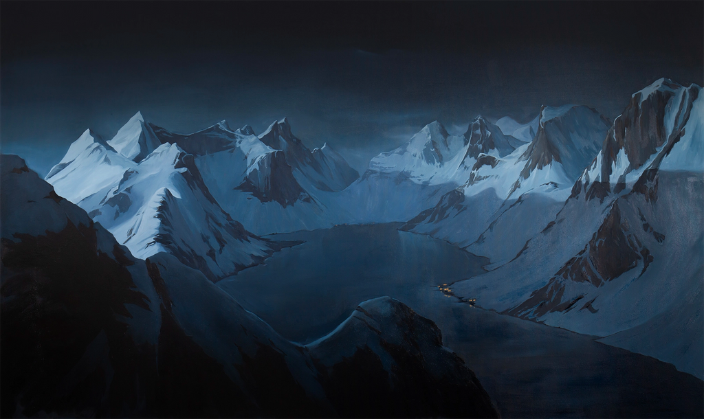 Detaljebilde av maleriet "Kjerkfjorden ved Reine, Lofoten". 
