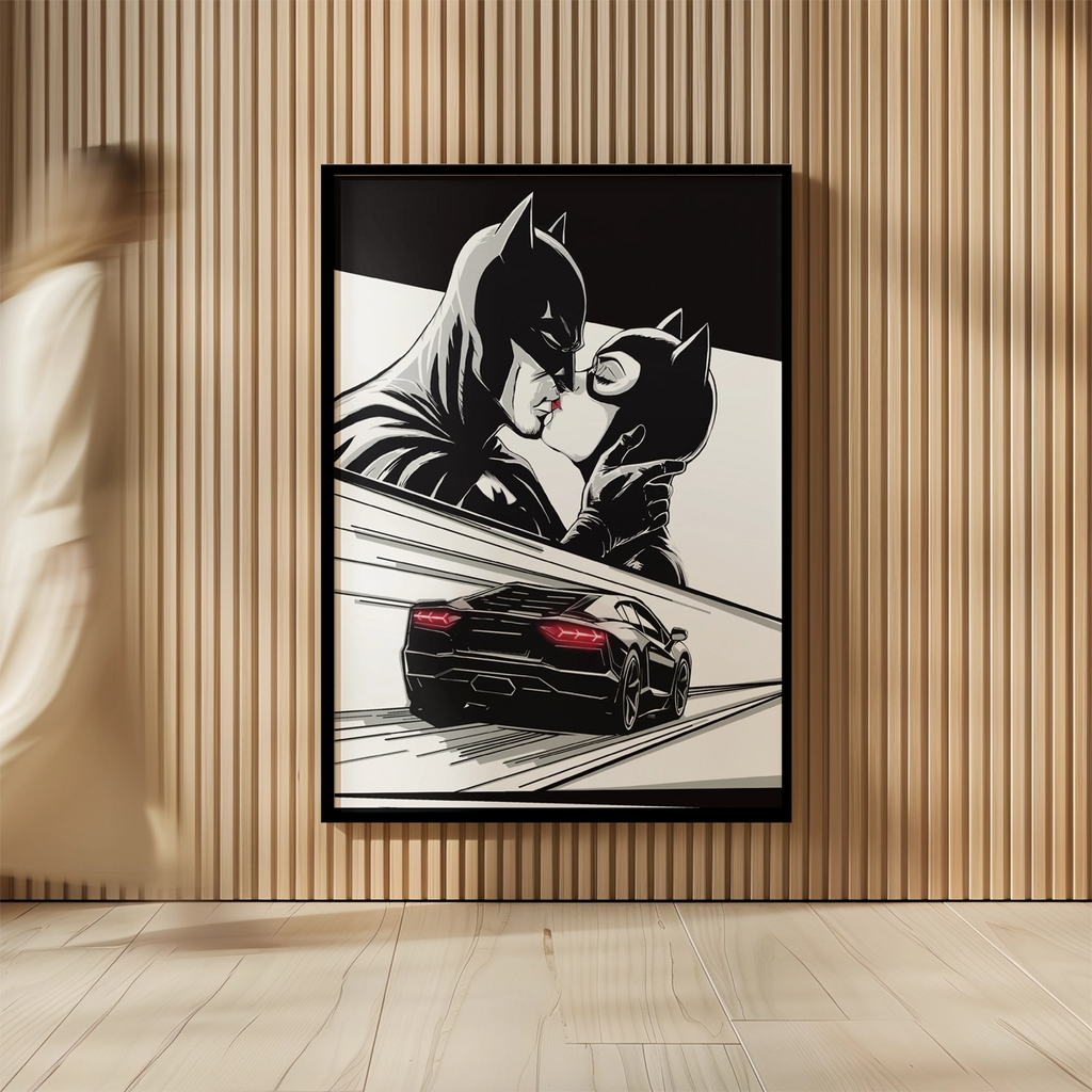 Kunstverket "Midnight kiss" leveres med en sort ramme. 