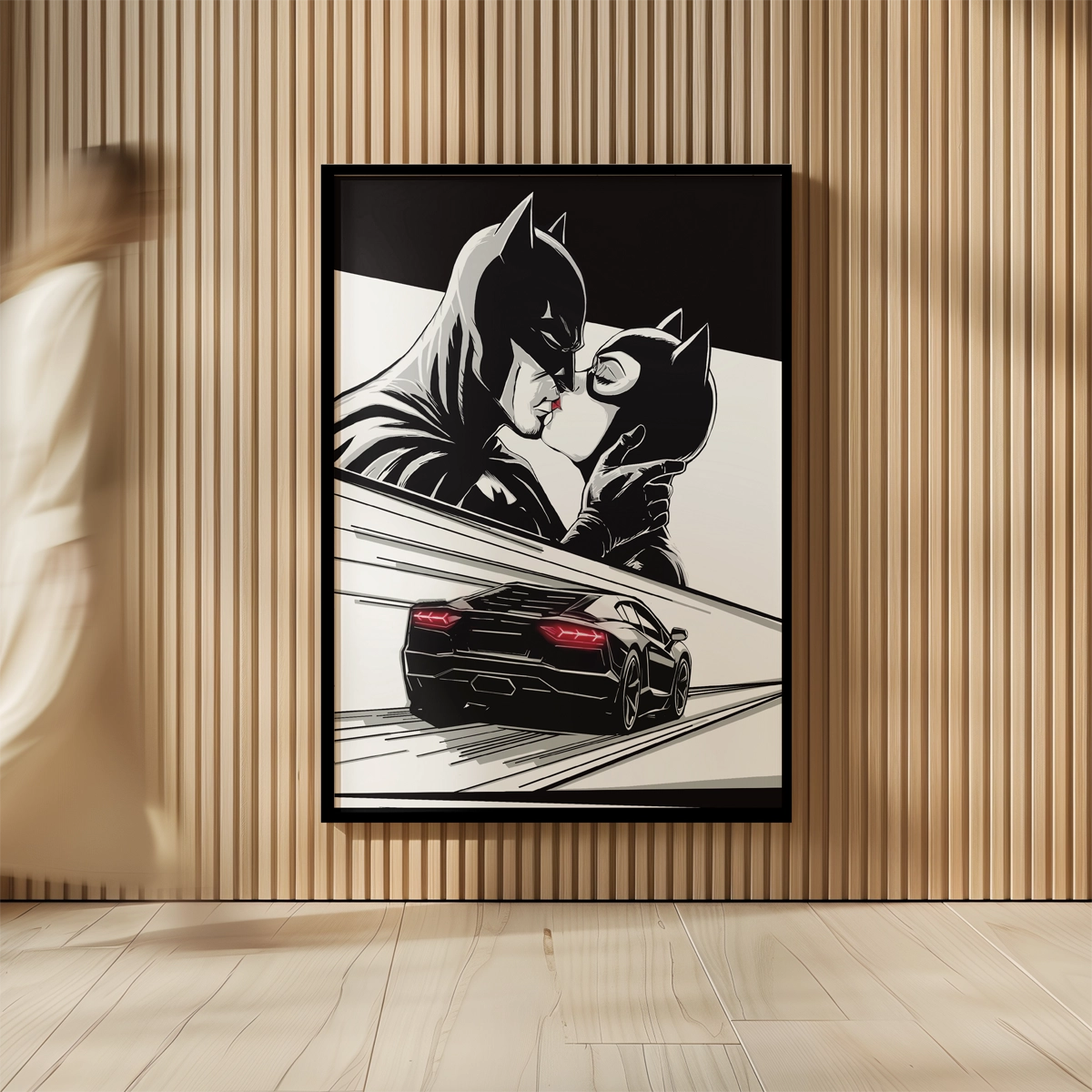 Kunstverket "Midnight kiss" leveres med en sort ramme. 