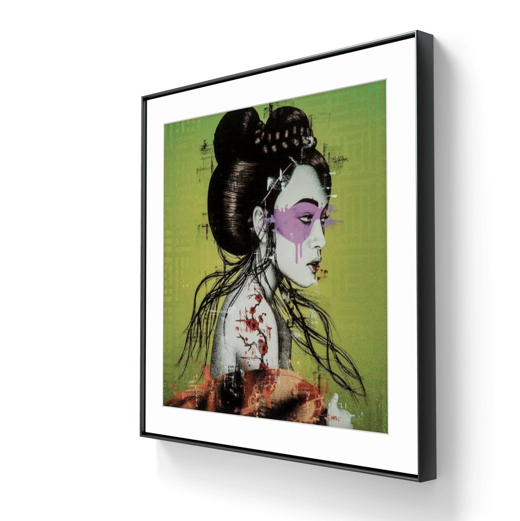 Trykket "Okurimono" er rammet inn med en sort ramme, hvit passepartout og kunstglass. 