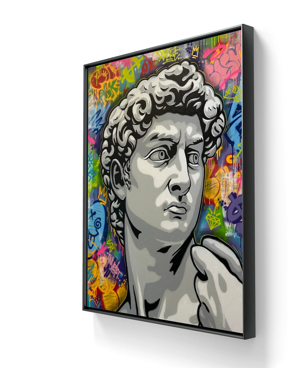 Kunstverket "Old money, New vision" leveres ferdig innrammet med sort ramme.