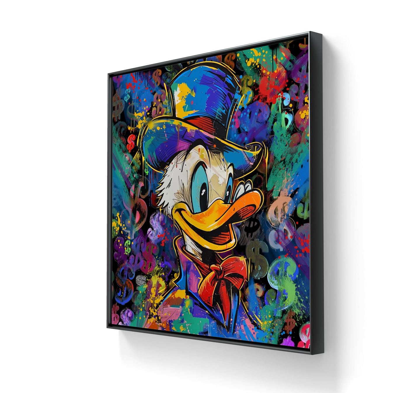 Oldschool scrooge på lerret leveres ferdig innrammet med en sort ramme.