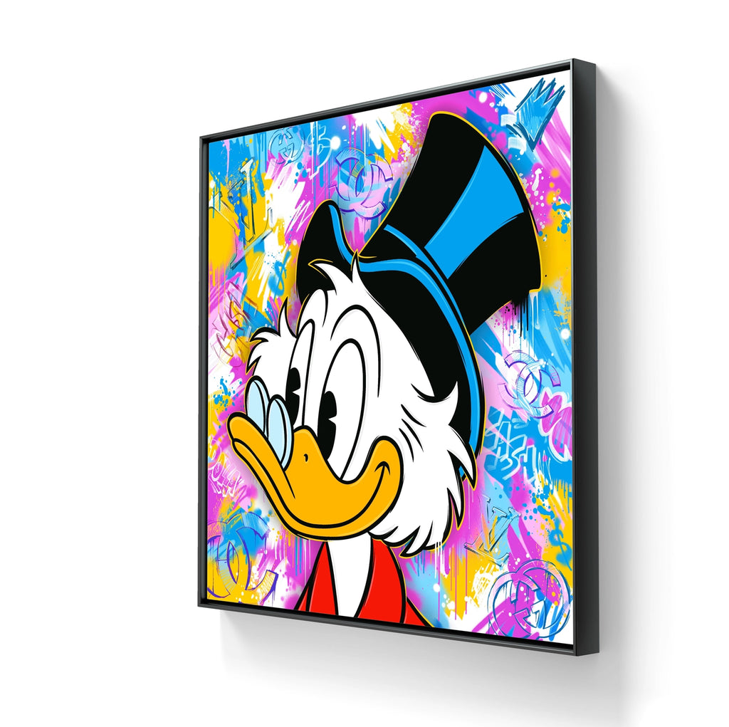 "Onkel Skrue" på lerret leveres ferdig innrammet med en sort ramme. 