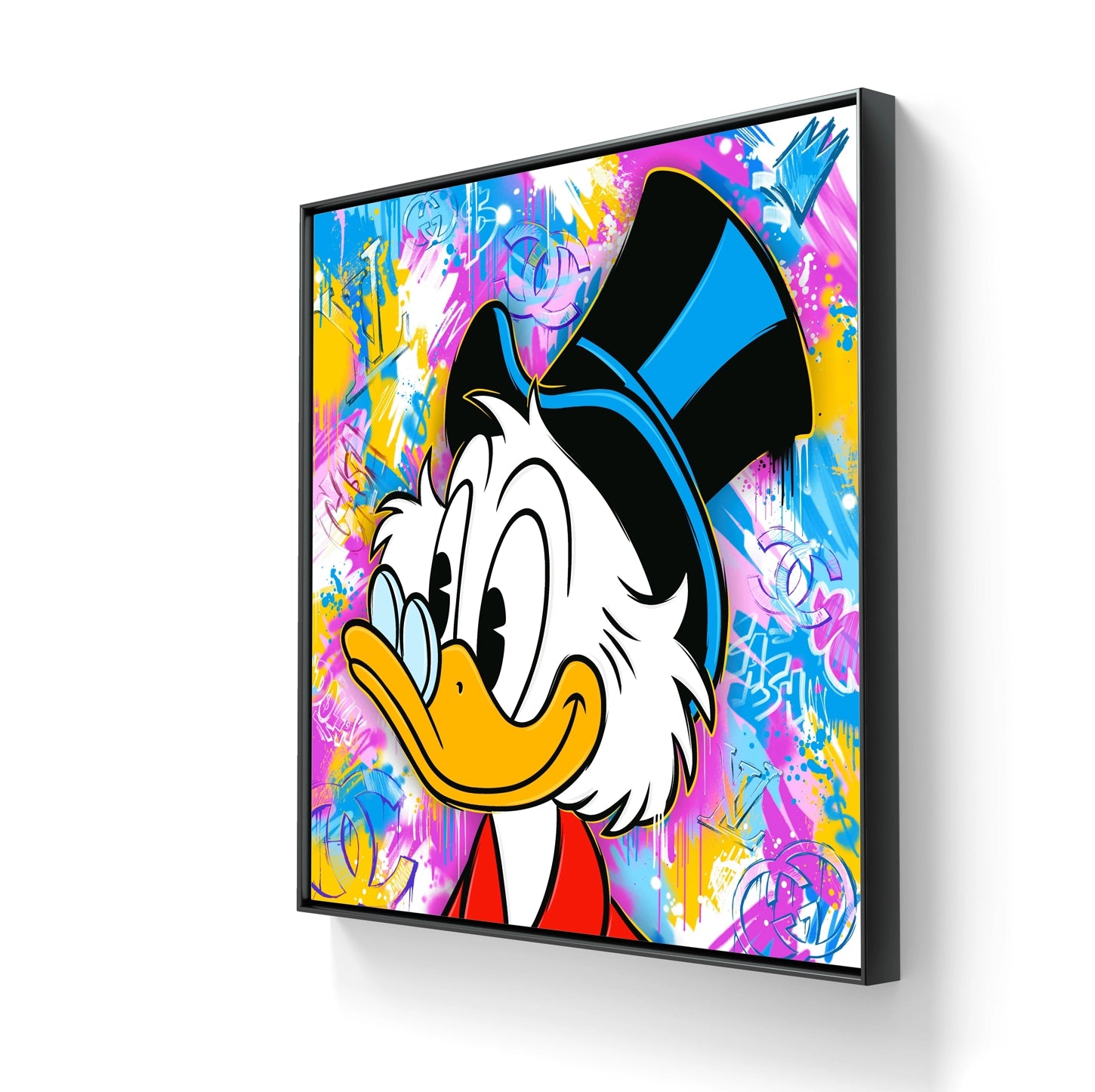 "Onkel Skrue" på lerret leveres ferdig innrammet med en sort ramme. 