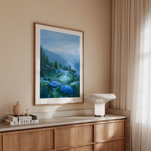 Kunsttrykket "På kanten av ro" leveres uten ramme - men vi bistår dere med innramming.