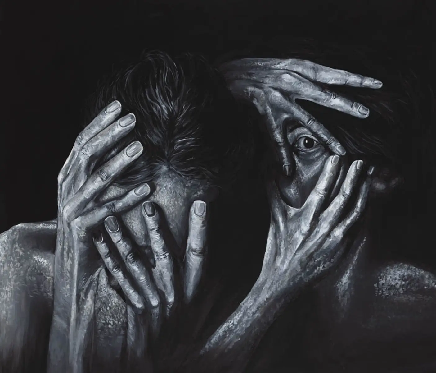 Detaljebilde av maleriet "Peeking Whilst Hidden" av Hanne Giertsen