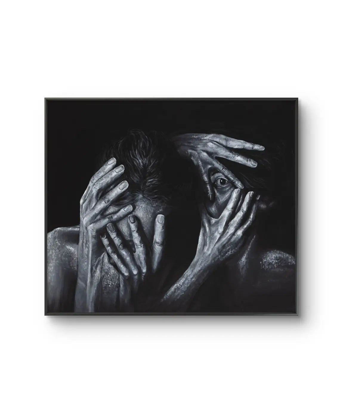 "Peeking Whilst Hidden" av den norske kunstneren Hanne Giertsen leveres ferdig innrammet med sort ramme. 