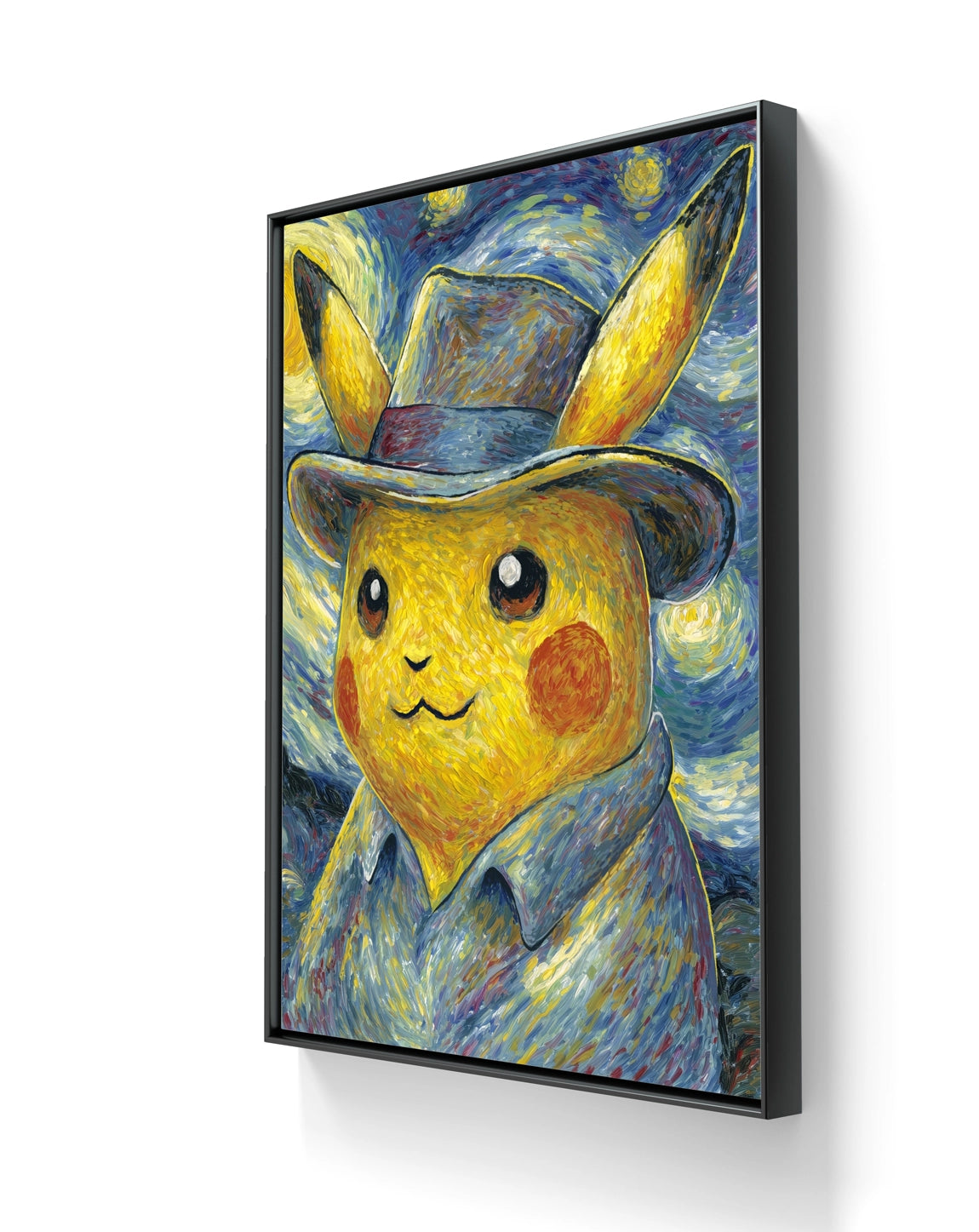 Kunsttrykket "Pikachu with a Hat" på lerret leveres ferdig innrammet med en sort ramme. 