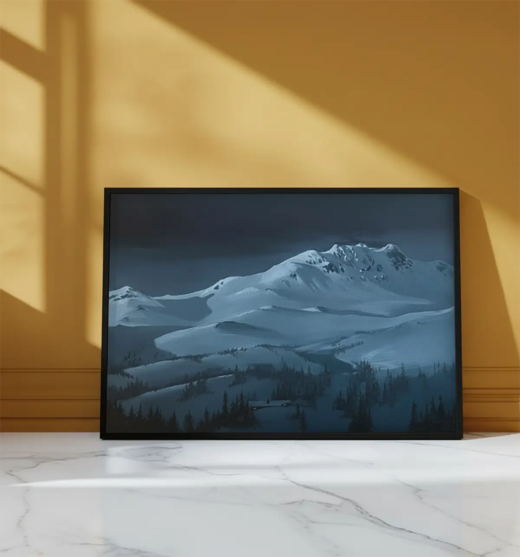 Kunstverket "Ranten" leveres ferdig innrammet med en sort treramme.