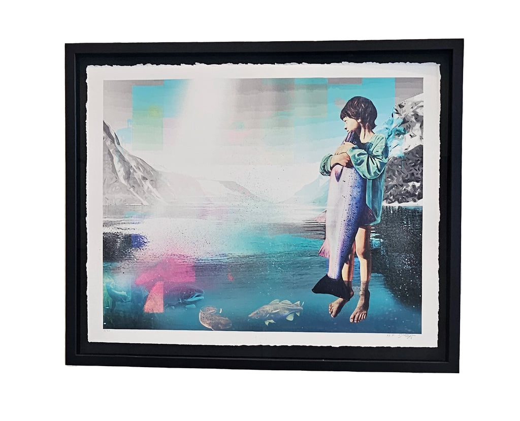 Kunsttrykket "Respekt!"  ferdig innrammet med flytende innramming og artGlass