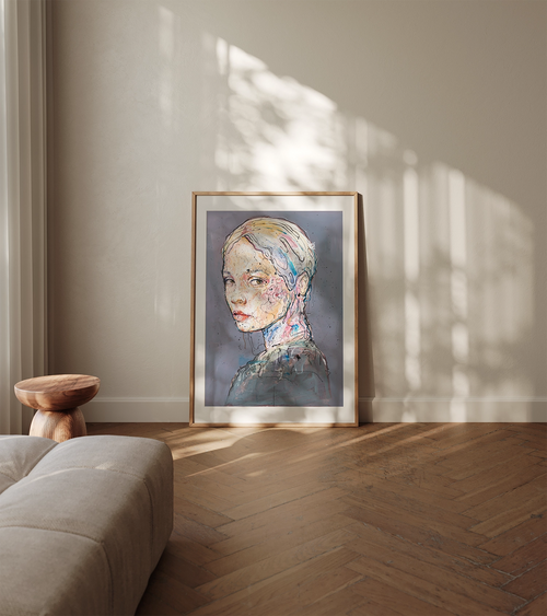 Kunsttrykket "Right behind" - her innrammet med en tynn eikeramme og hvit passepartout