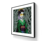 Trykket "Ryosii" er innrammet med en sort ramme, hvit passepartout og kunstglass. 