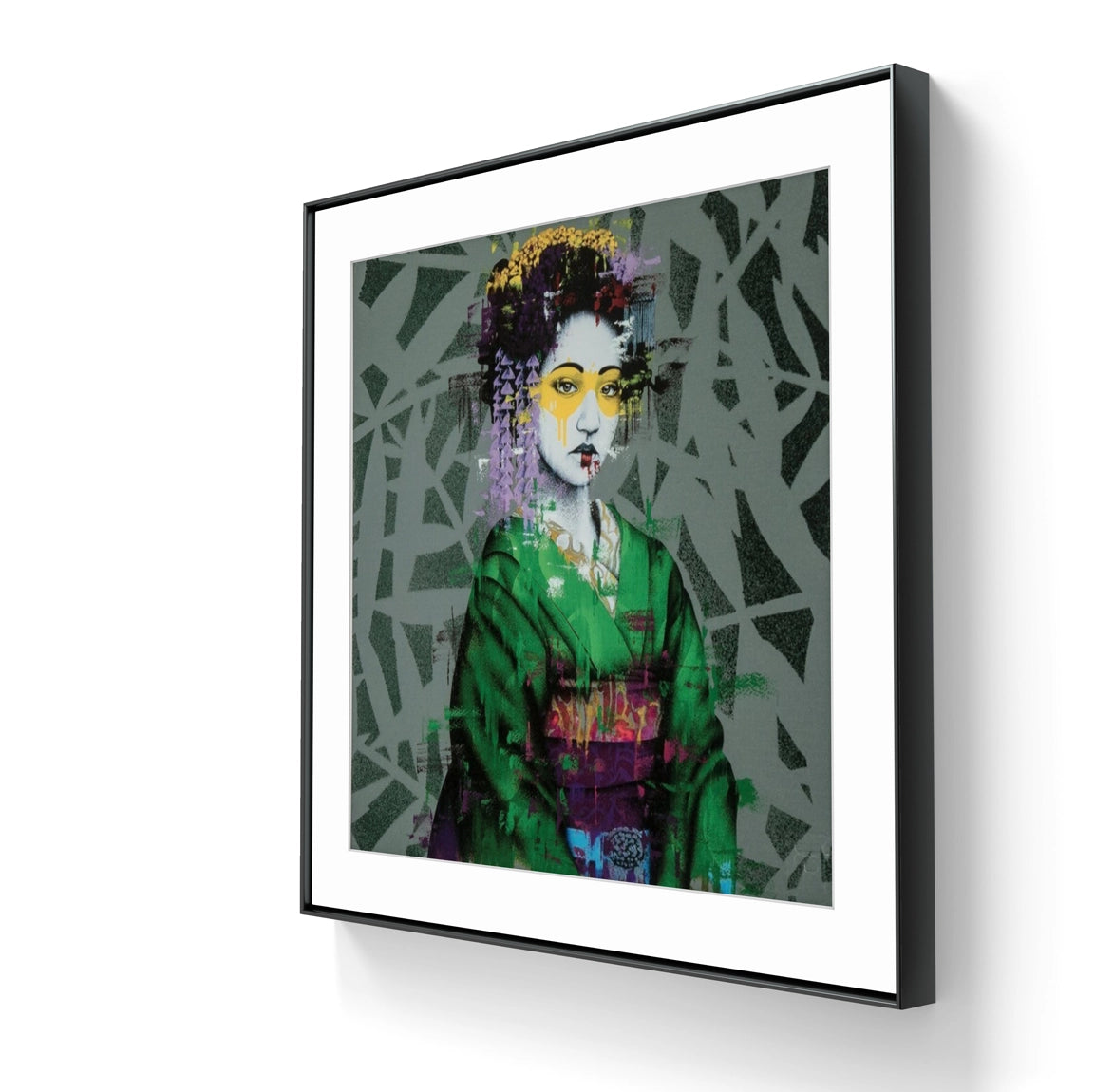 Trykket "Ryosii" er innrammet med en sort ramme, hvit passepartout og kunstglass. 