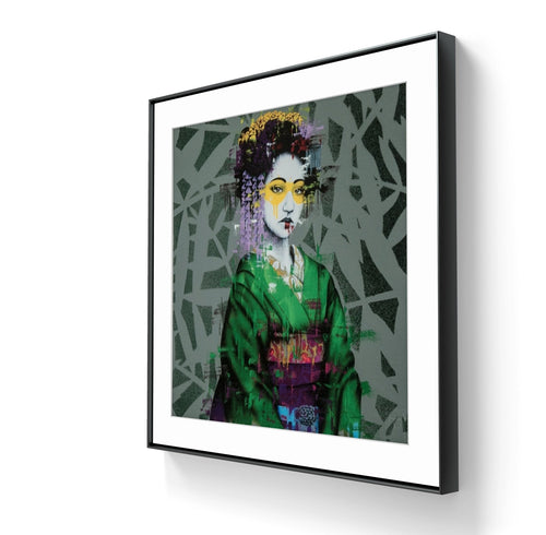Trykket "Ryosii" er innrammet med en sort ramme, hvit passepartout og kunstglass. 