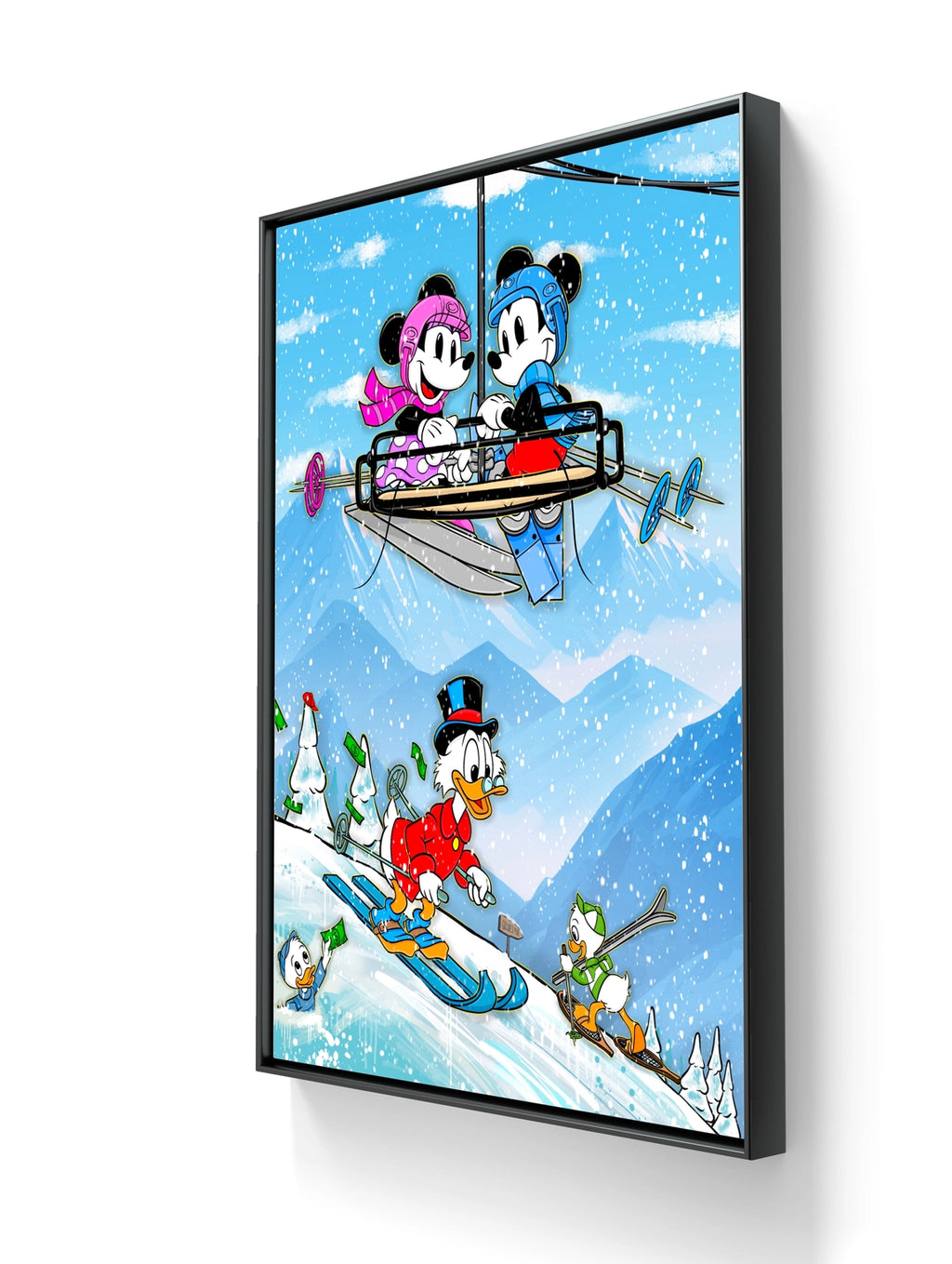 DGA kunsttrykket "Ski Holidays" på lerret leveres ferdig innrammet. 