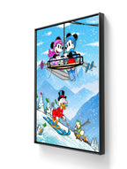 DGA kunsttrykket "Ski Holidays" på lerret leveres ferdig innrammet. 