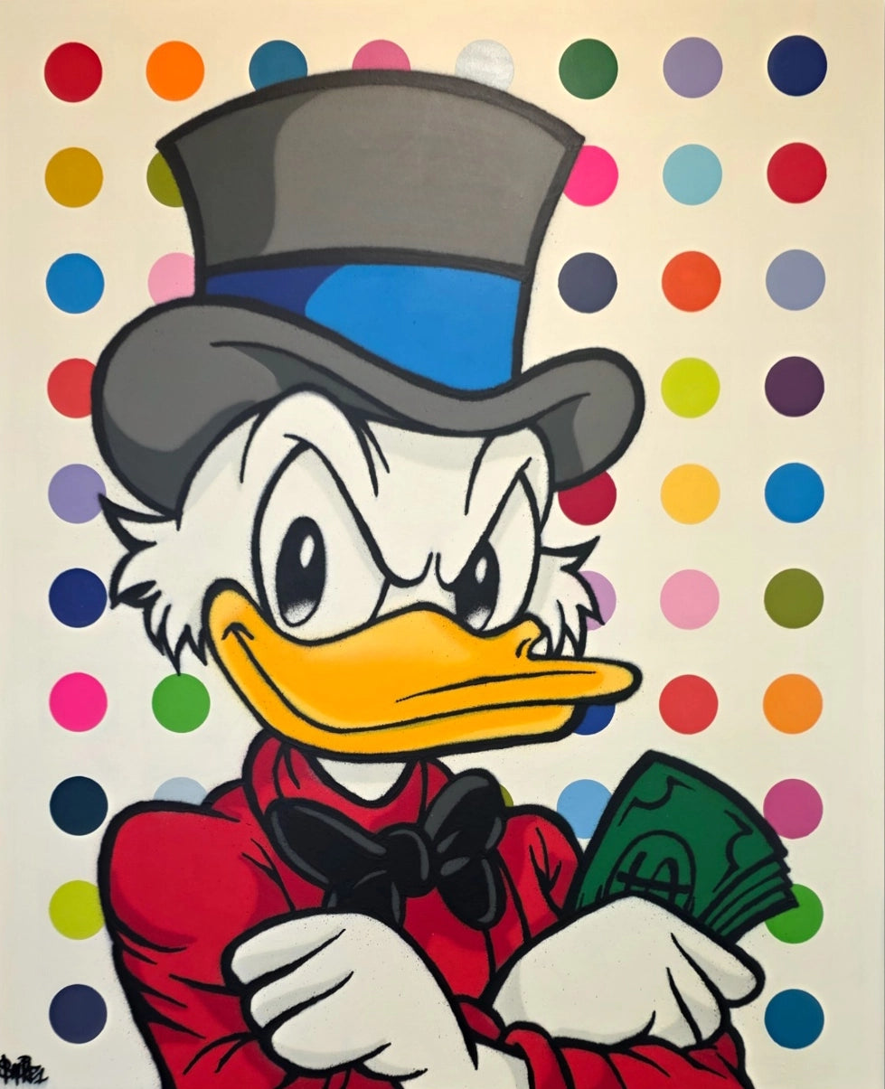Kunstverket "Spot painting : Scrooge" kommer i størrelsen 120 x 100 cm. 