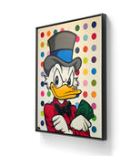 Kunstverket "Spot painting : Scrooge" leveres ferdig innrammet med sort ramme