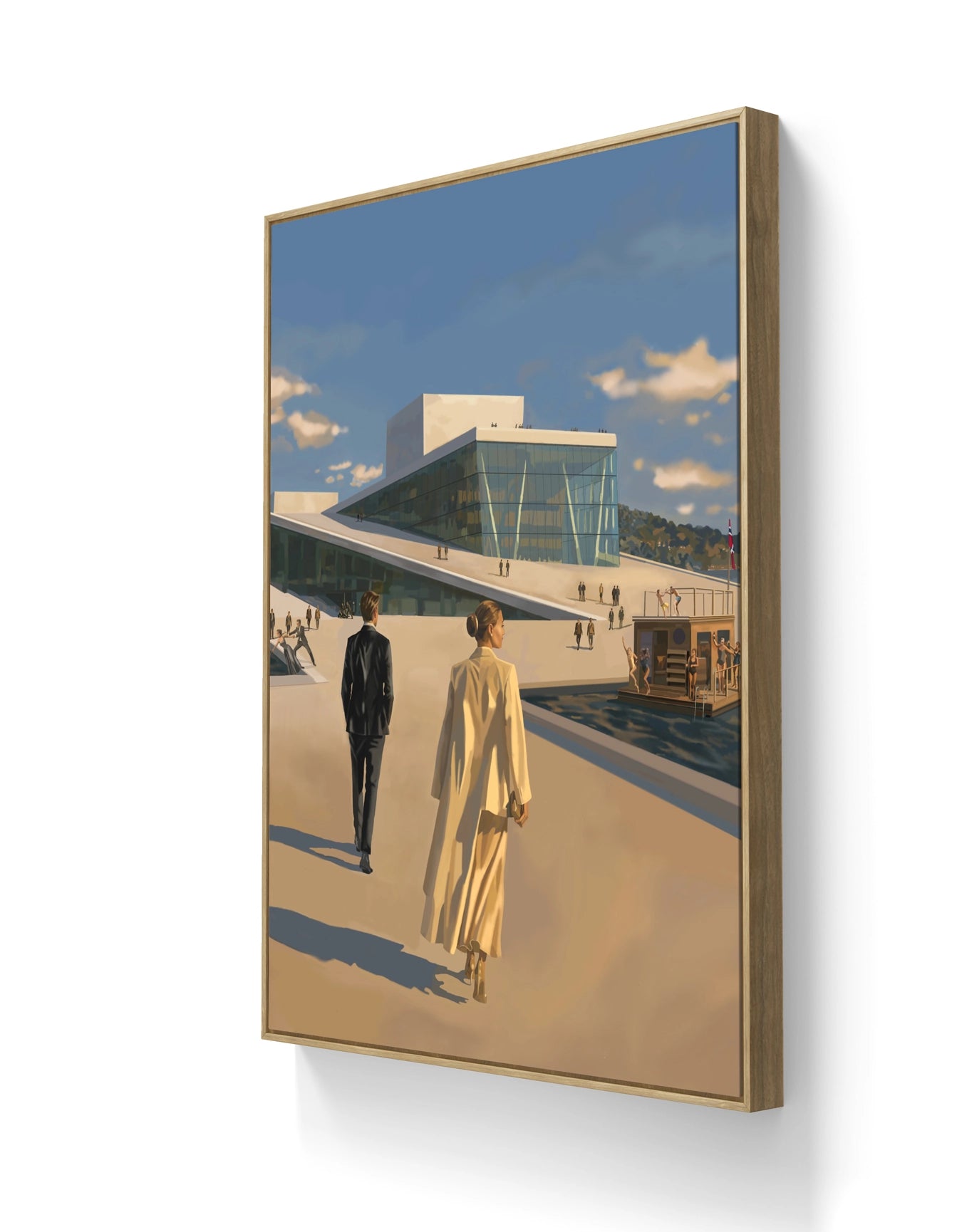 Kunsttrykket "The other Opera" på lerret leveres ferdig innrammet med en ramme av eik