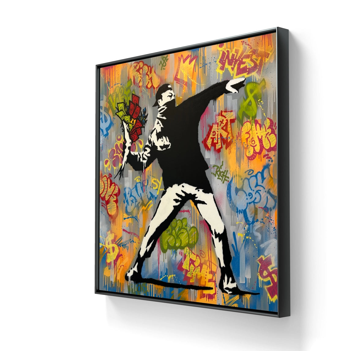 Kunstverket "Throwing Stacks" leveres ferdig innrammet med sort ramme. 