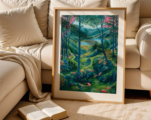 Kunsttrykket "Tilflukten" kan fås innrammet - kontakt oss for et tilbud. 