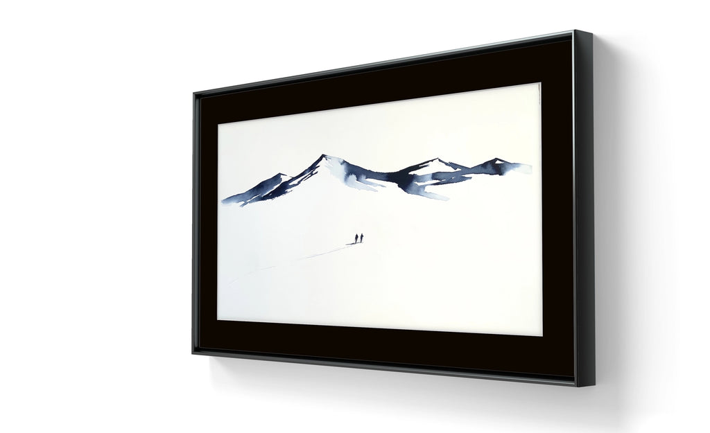 Kunstverket "Underveis 25" leveres ferdig innrammet. Innrammingen er flytende, og har en sort list, sort bakpapp og kunstglass.