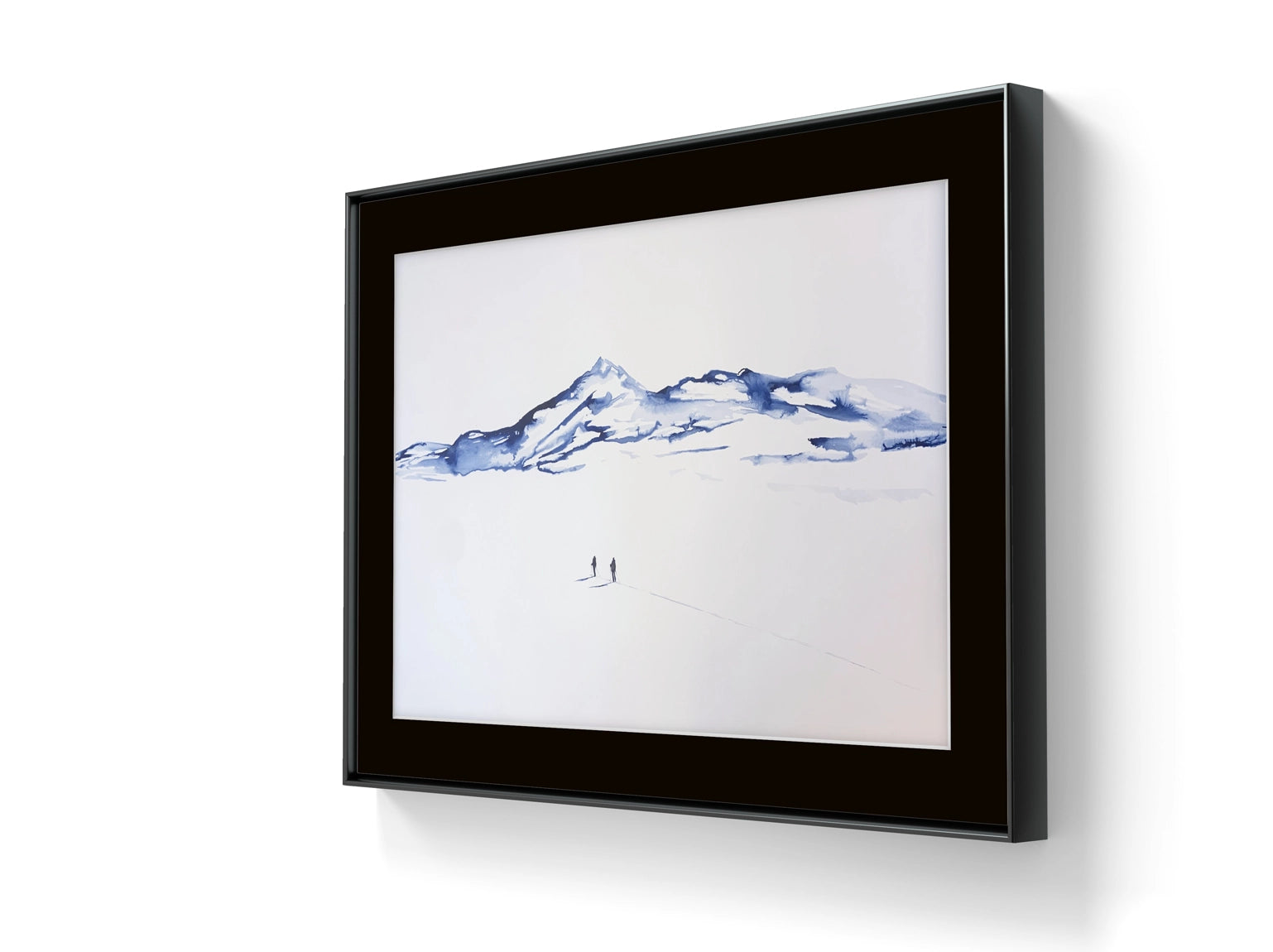 Kunstverket "Underveis 46" leveres ferdig innrammet. Innrammingen er flytende, og har en sort list, sort bakpapp og kunstglass.