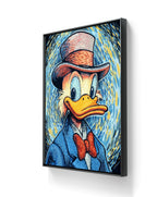 Kunsttrykket "Van Scrooge" på lerret leveres med en sort tynn ramme. 