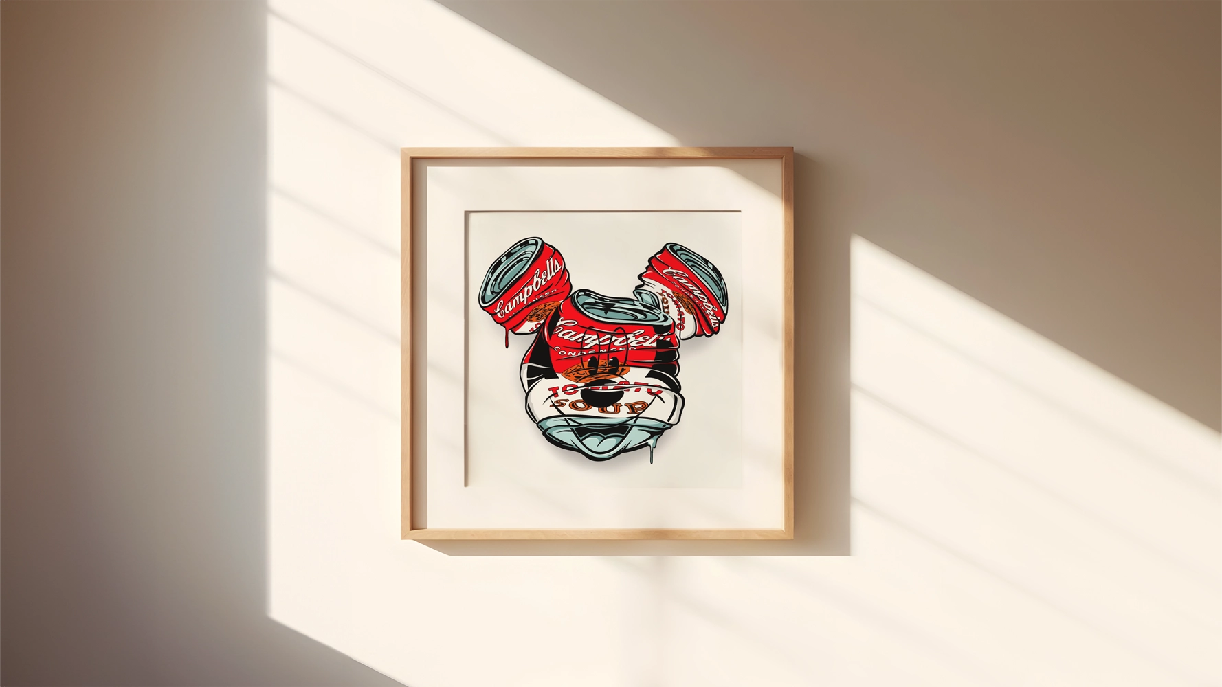  "Warhol soup" kan rammes inn med en ramme av eik eller en sort ramme. 