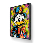 Kunstverket "Way back when, Oldschool scrooge" er laget med spray på lerret og leveres med sort ramme. 