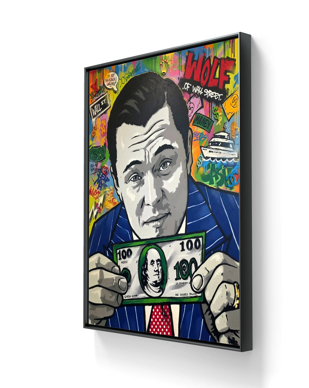 Kunstverket "Wolf of wallstreet" leveres ferdig innrammet med sort ramme. 