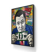 Kunstverket "Wolf of wallstreet" leveres ferdig innrammet med sort ramme. 
