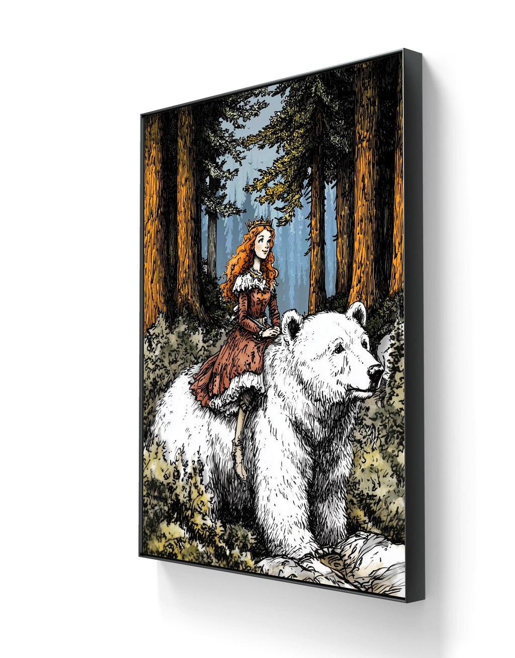 Kunsttrykket "East of the sun, west of the moon" på lerret leveres ferdig innrammet med en sort ramme. 