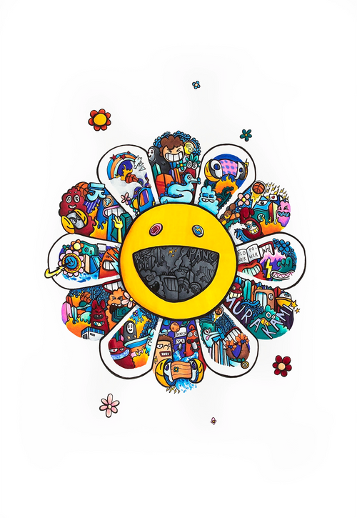  Kunstverket "Flower Power" leveres ferdig innrammet med en hvit ramme, sort passepartout med gul kjerne og kunstglass. 