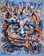 Detaljebilde av maleriet "Flowerboy" av samtidskunstneren Bjørge Rødfjell. 