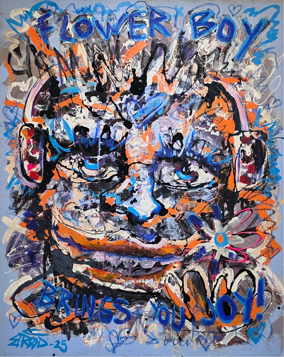 Detaljebilde av maleriet "Flowerboy" av samtidskunstneren Bjørge Rødfjell. 
